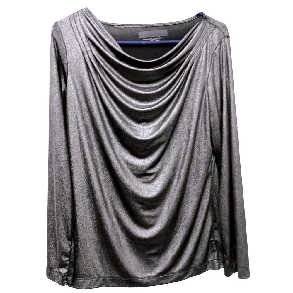BY‎ CHICO'S Womens Silver Metallic Cowl Neck Long Sleeve Top L 12 foil holiday